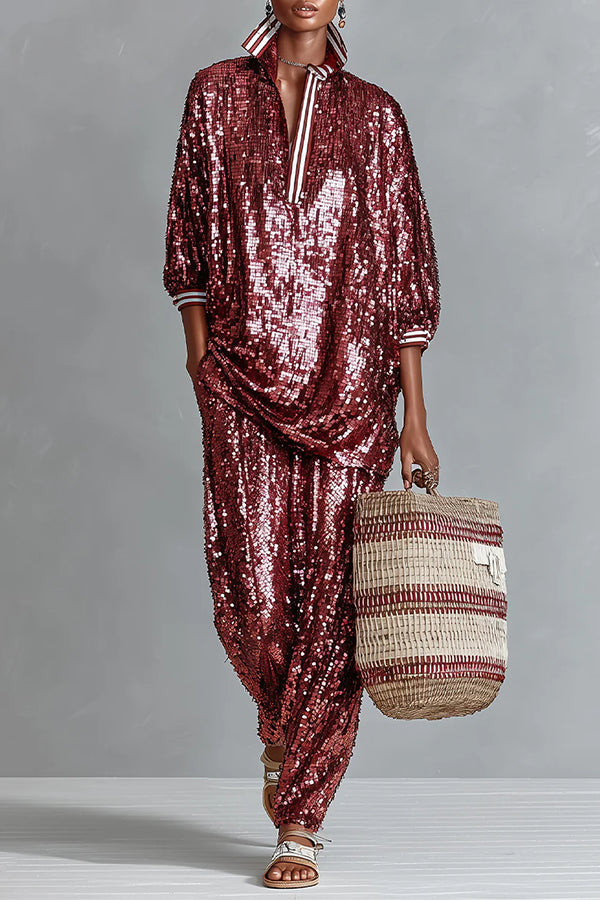Holiday Honey Sequin Striped Trim Half Sleeve Loose Shirt and Elastic Waist Pocket Wide Leg Pants Set