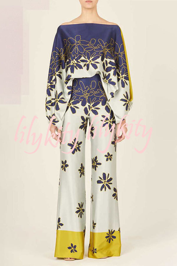 Coco Satin Unique Print Off Shoulder Dolman Sleeve Top and Loose Wide Leg Pants Set