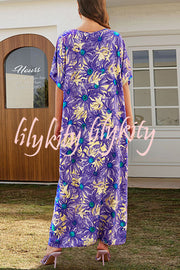 Floral Print V-Neck Lace-Up Loose Holiday Cover-Up Maxi Dress