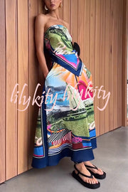 Seaside Holiday Satin Unique Print Knotted Scarf Top and Elastic Waist Loose Maxi Skirt Set