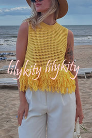 Solid Color Round Neck Sleeveless Hollow Tassel Loose Vest