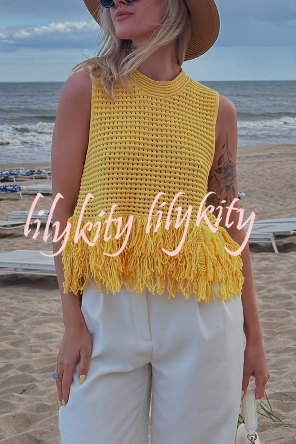 Solid Color Round Neck Sleeveless Hollow Tassel Loose Vest