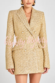 Heels Click Tweed Fabric Pearl Button Long Sleeve Lapel Blazer Mini Dress