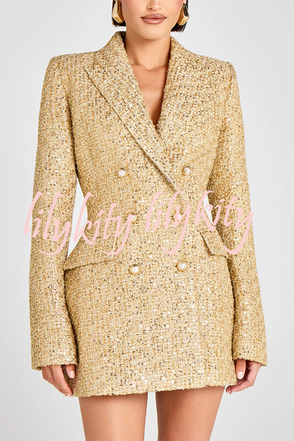 Heels Click Tweed Fabric Pearl Button Long Sleeve Lapel Blazer Mini Dress