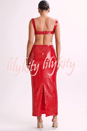 Eye Catching Sequin Cutout Waist Wide Strap Bacakless Maxi Dress