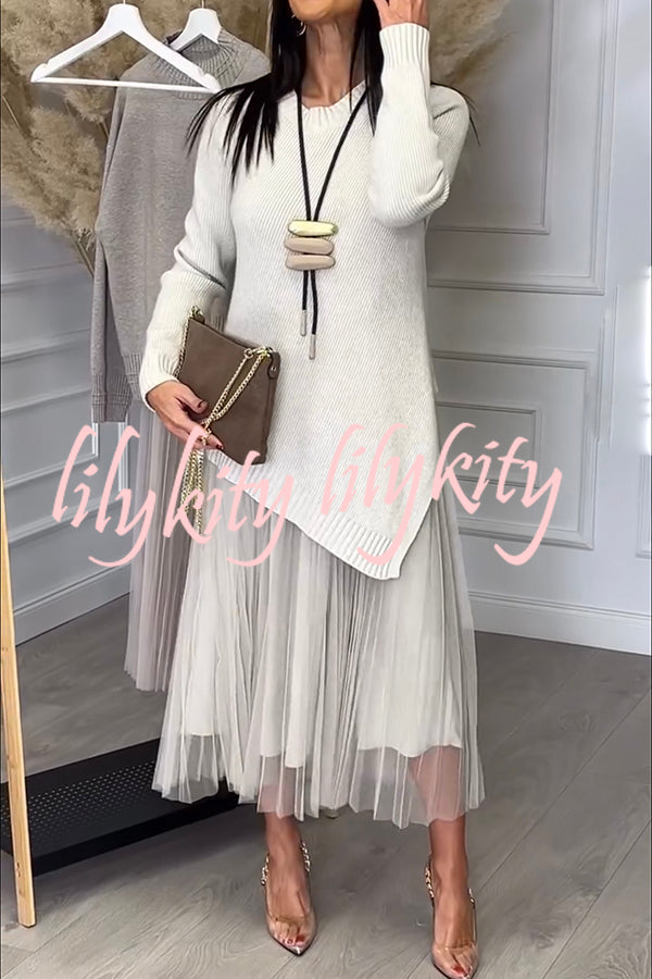 Jensine Ribbed Knit Irregular Loose Sweater and Pleated Tulle Tank Midi Dress Two-piece Set