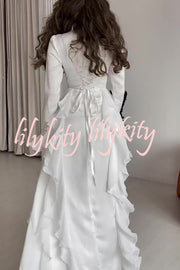 Cline Solid Color High Neck Long Sleeve Elegant Ruffles Maxi Dress