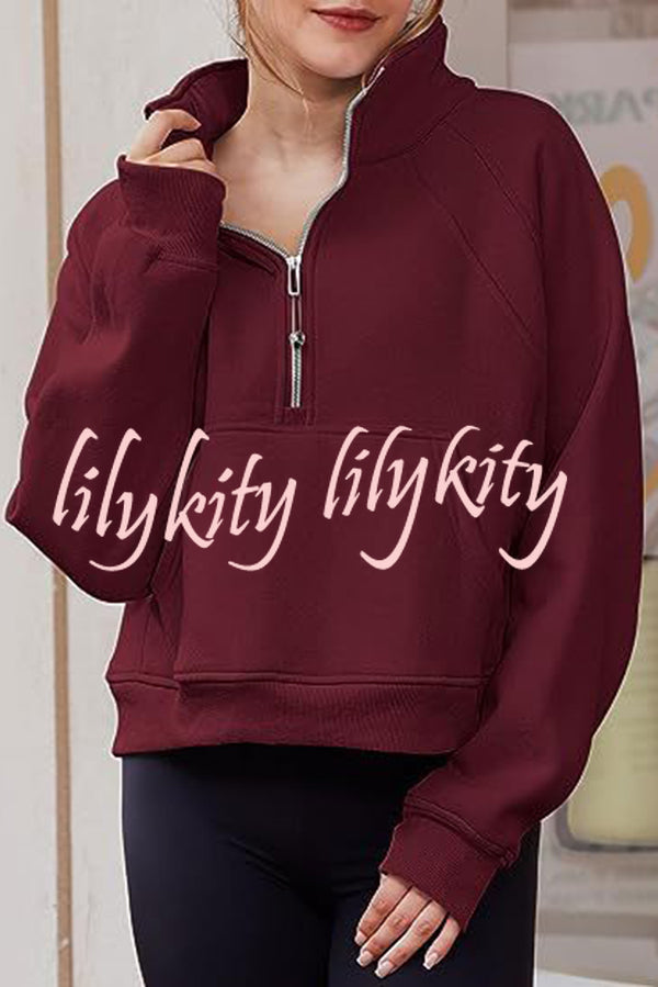 Stylish Patchwork Stand Collar Zippered Loose Pocket Sweatshirt