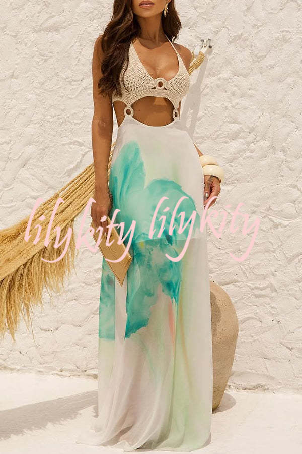 Lily Crochet Knit Bust Ring Floral Print Tulle Hem Maxi Dress