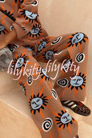 Mediterranean Art Knit Unique Sun Vortex Print Elastic Waist Wide Leg Pants