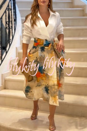 Jiles Linen Blend Unique Contrast Print Long Sleeve Tie-up Pocket Shirt Midi Dress