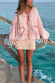 Lovely Plaid Heart Pattern Casual Lace-up Pocket Loose Shirt