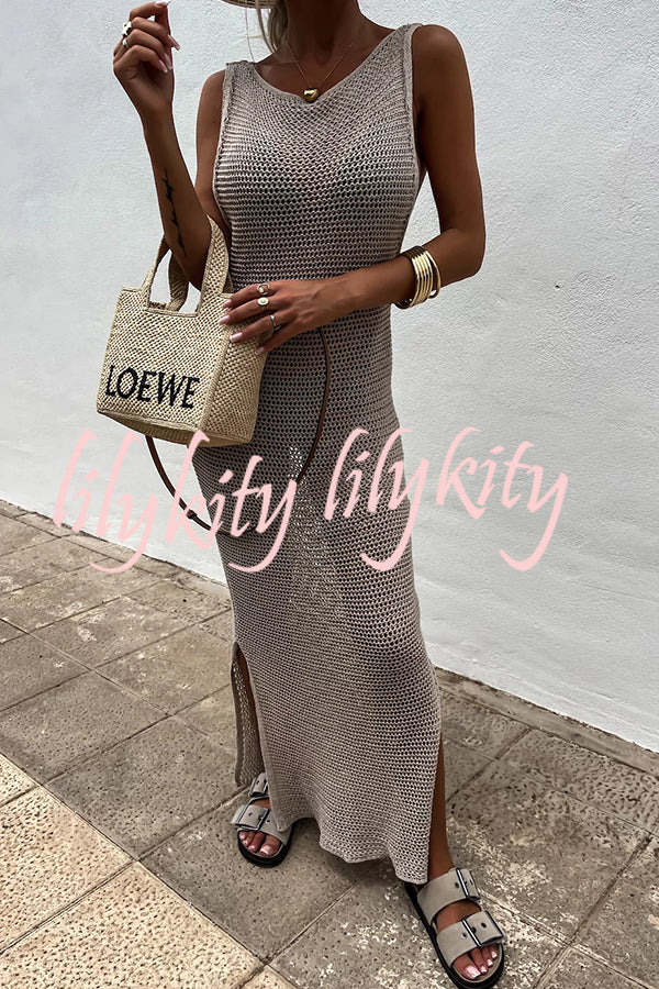 Solid Color Knitted Cutout Slit Slim Fit Maxi Dress