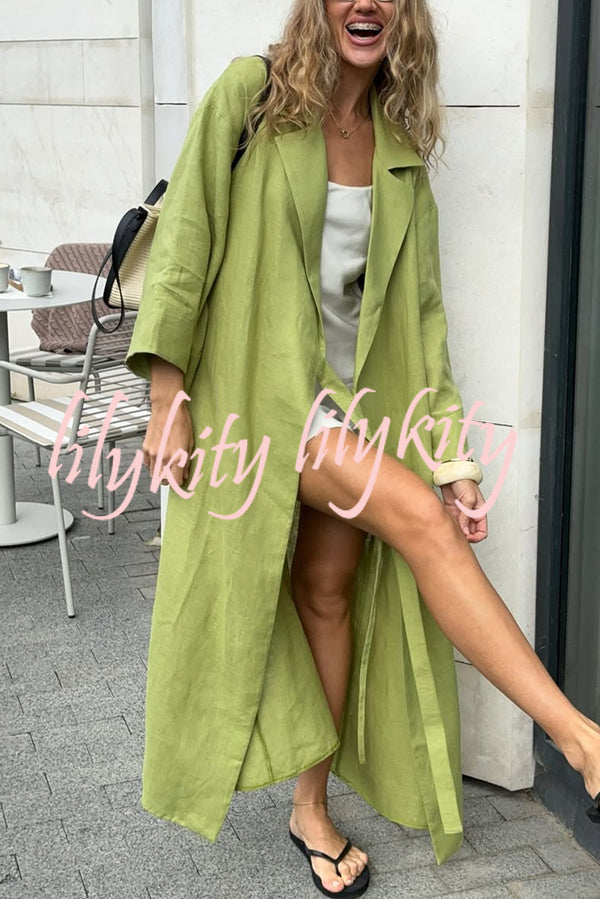 Linen Blend Solid Color Casual Lapel Tie Loose Maxi Dress