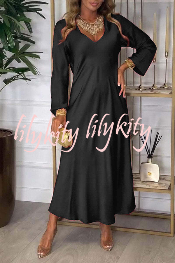 Solid Color V-neck Long-sleeved Loose Draped Maxi Dress