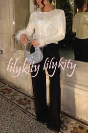 Cocktails First Sequin Button Up Long Sleeve Feather Cuff Party Top