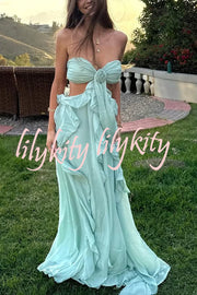 Gorgeous Vacation Halter Rose Detail Cut Out Ruffles Backless Maxi Dress