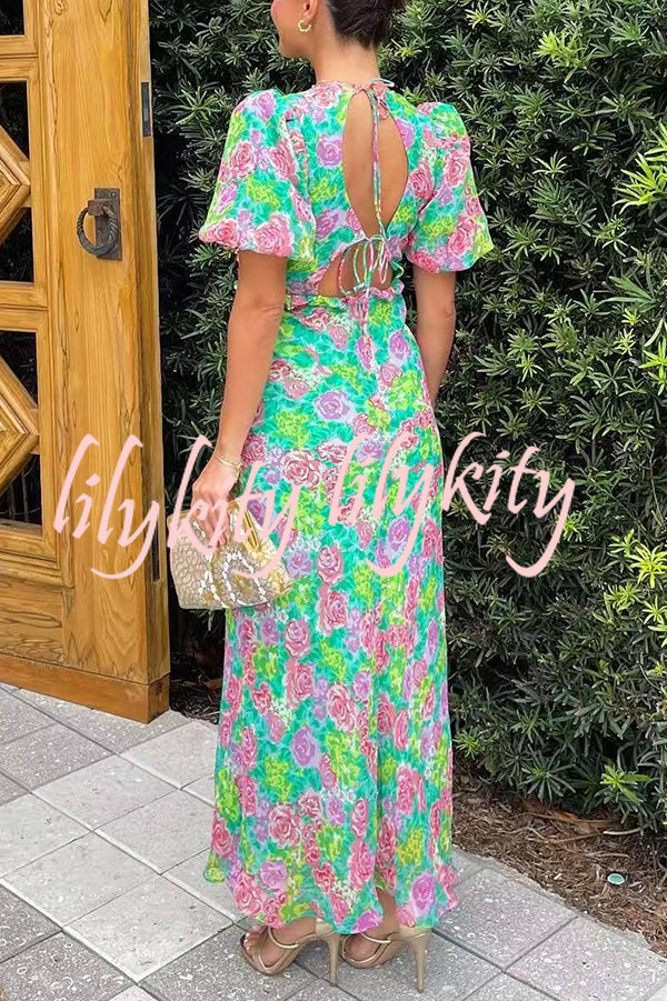 Floral Print V-neck Puff Sleeve Open-back Maxi Dress