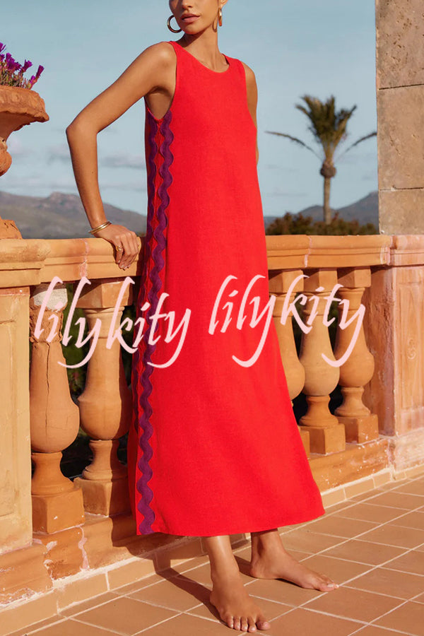 Vacation Villa Side Ric Rac Wave Trim Slit Loose Maxi Dress