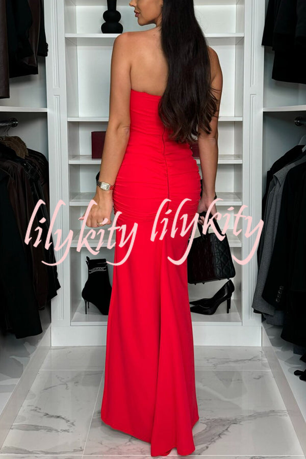 Miami Date Night Off Shoulder Drape Ruched High Slit Party Maxi Dress