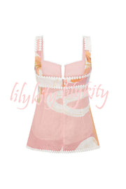 European Summer Linen Blend Ric Rac Trims Unique Print Button Tank