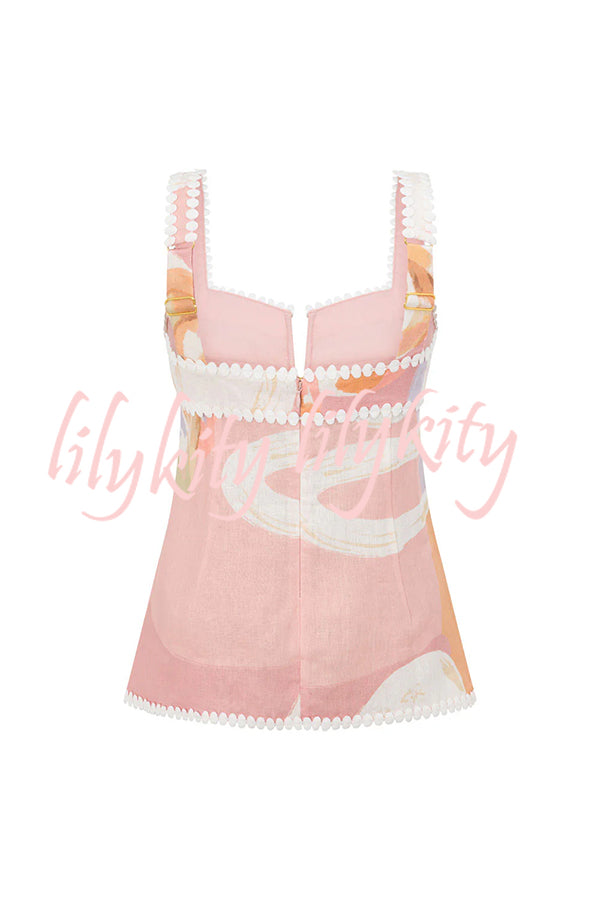 European Summer Linen Blend Ric Rac Trims Unique Print Button Tank