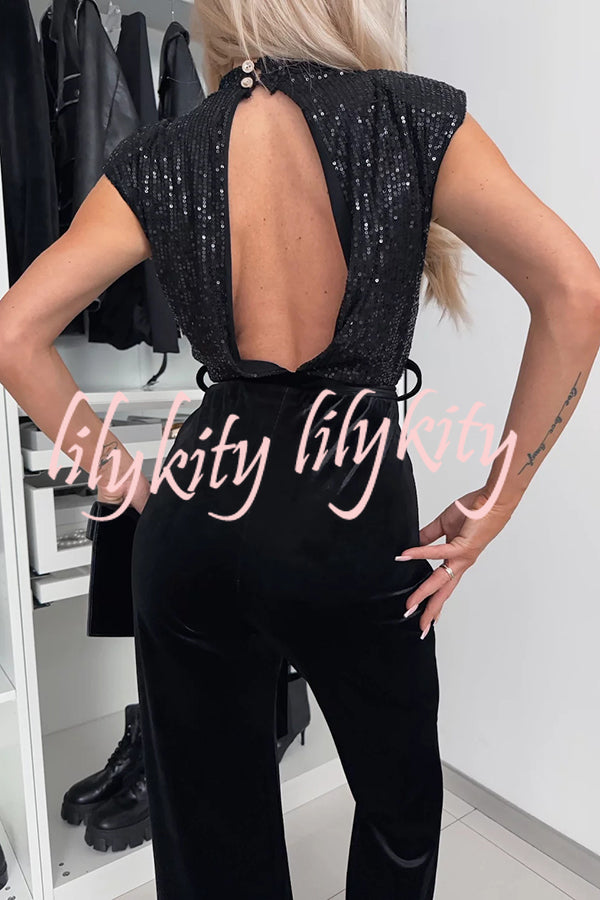 Perfect Party Style Sequin Velvet Patchwork Backless Flare Stretch Jumpsuit