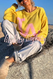 Letter Pattern Crew Neck Long Sleeve Loose Knit Sweater