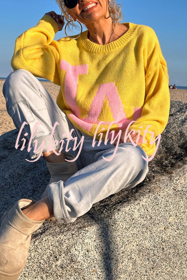 Letter Pattern Crew Neck Long Sleeve Loose Knit Sweater