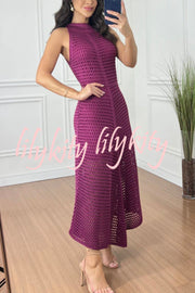 Violet Crochet Knit Round Neck Texture A-line Maxi Dress