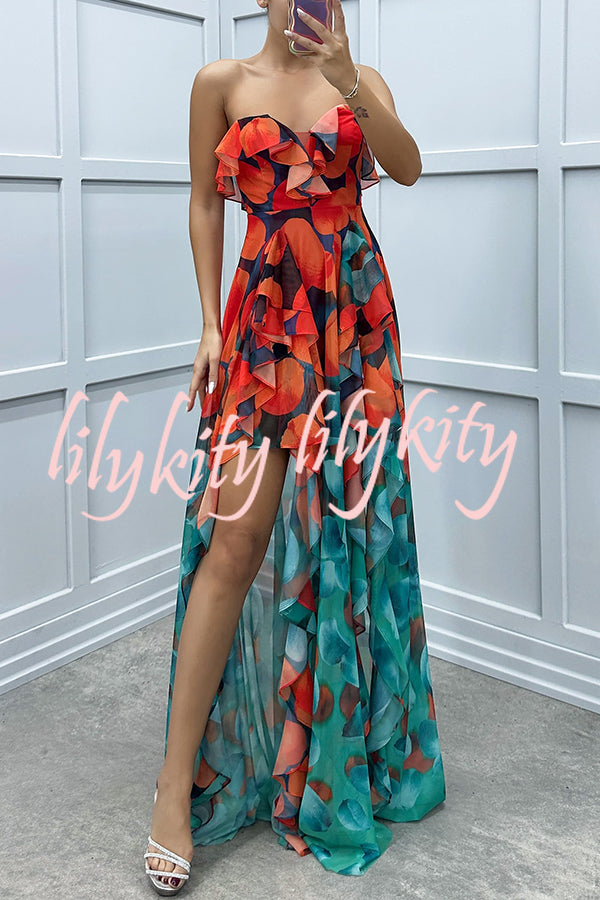 Loving Moment Gradient Unique Print Flowing Layered Ruffles Strapless Slit Maxi Dress