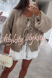 Solid Color Long-sleeved V-neck Lace-up Loose Knitted Sweater