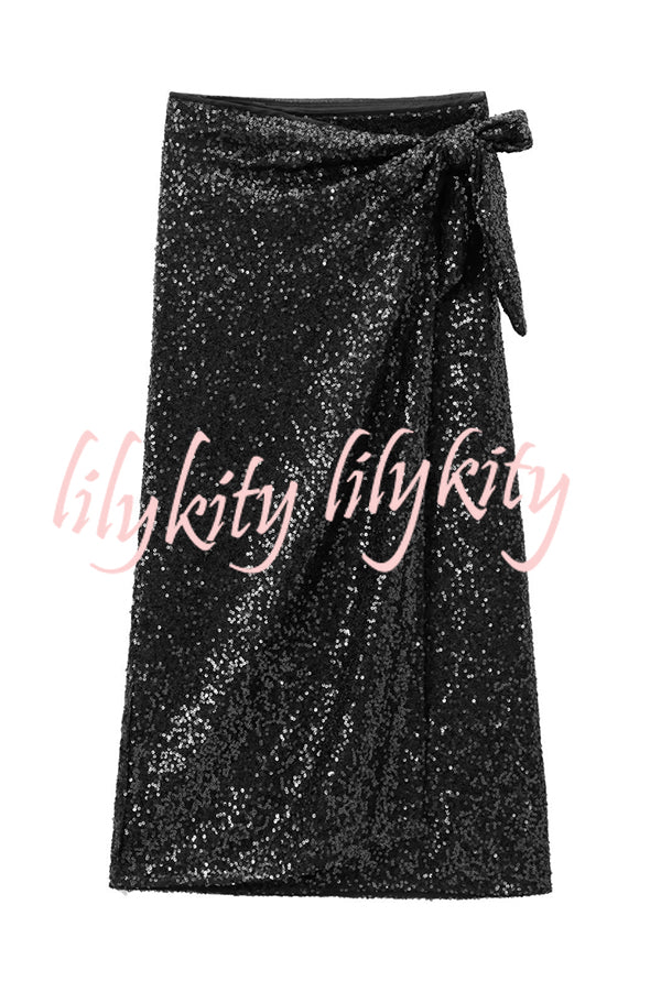 Crushing on You Sequin High Rise Wrap Tie-up Slit Midi Skirt