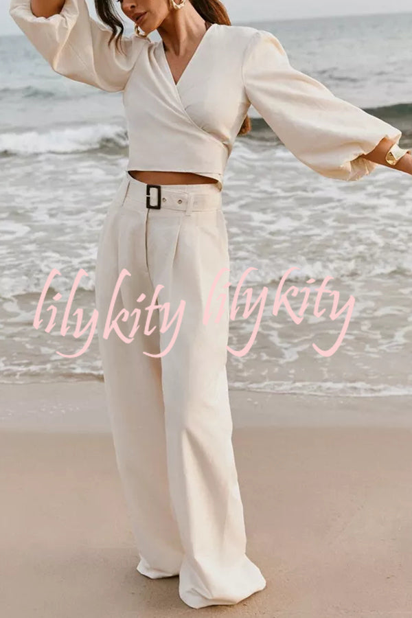 Lets Go Out Linen Blend Balloon Sleeve Wrap Tie-up Loose Top