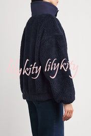 American Retro Polo Bear Pattern Stand Button Neck Long Sleeve Fleece Pullover