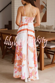 Botanical Print Halter Square Neck Pleated Loose Maxi Dress
