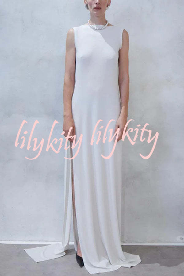 Utterly Perfect Back Drape Cowl Lightweight Slit Stretch Maxi Dress