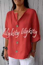 Solid Color V-neck Loose Button Top