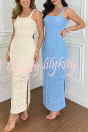 Zafina Crochet Knit Cutout Waist Texture Slit Stretch Maxi Dress