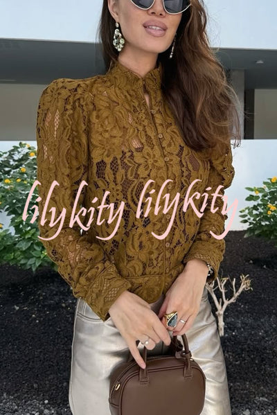 Palace Style Crochet Flower Lace Stand Neck Button Puff Sleeve Jacket