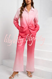 Gradient Long-sleeved Shirt Top and Loose-fitting Pocket Straight-leg Pants Set