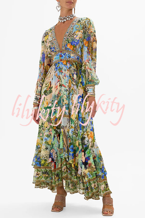 Fairy Tale Print V-Neck Lantern Sleeve Waist Maxi Dress