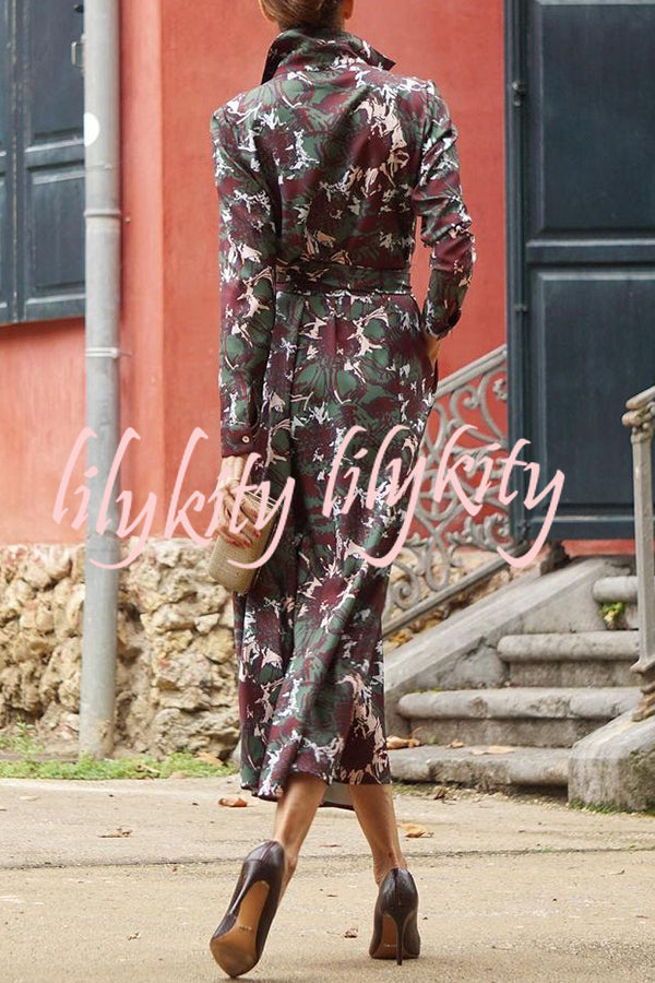 Casual Floral Print Lace Up Buttoned Pockets Long Sleeve Midi Dress