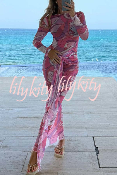 Nessie Mesh Unique Print Tie-up Waist Long Sleeve Stretch See-Through Maxi Dress