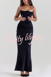 Persephone Crepe and Satin Patchwork Off Shoulder Ruched Maxi Dress