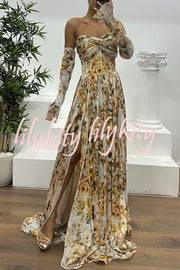 Reina Chiffon Floral Print Pleated Bodice Split Sleeve Strapless Slit Maxi Dress