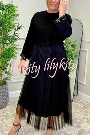 Fenna Ribbed Sequin Trim Batwing Sleeve Sweater and Pleated Tulle Stretch Tank Midi Dress Two-piece Set