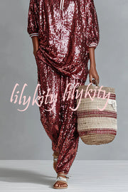 Holiday Honey Sequin Striped Trim Half Sleeve Loose Shirt and Elastic Waist Pocket Wide Leg Pants Set