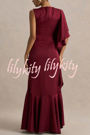Freya Satin Boat Neck Waterfall Frill Sleeve Drape Maxi Dress