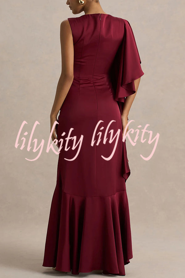 Freya Satin Boat Neck Waterfall Frill Sleeve Drape Maxi Dress